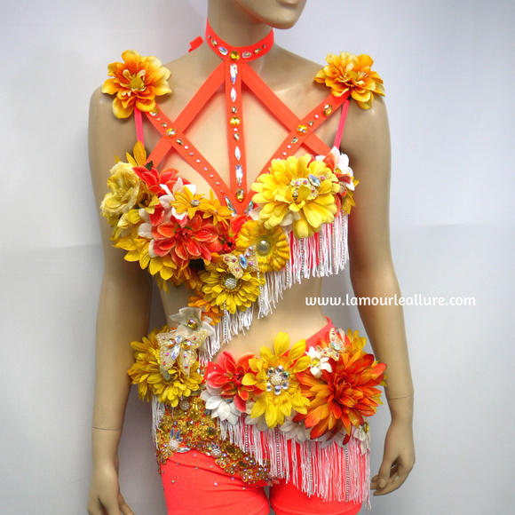 Neon Orange Yellow Fringe Fairy Monokini Costume - Picture 3 of 7